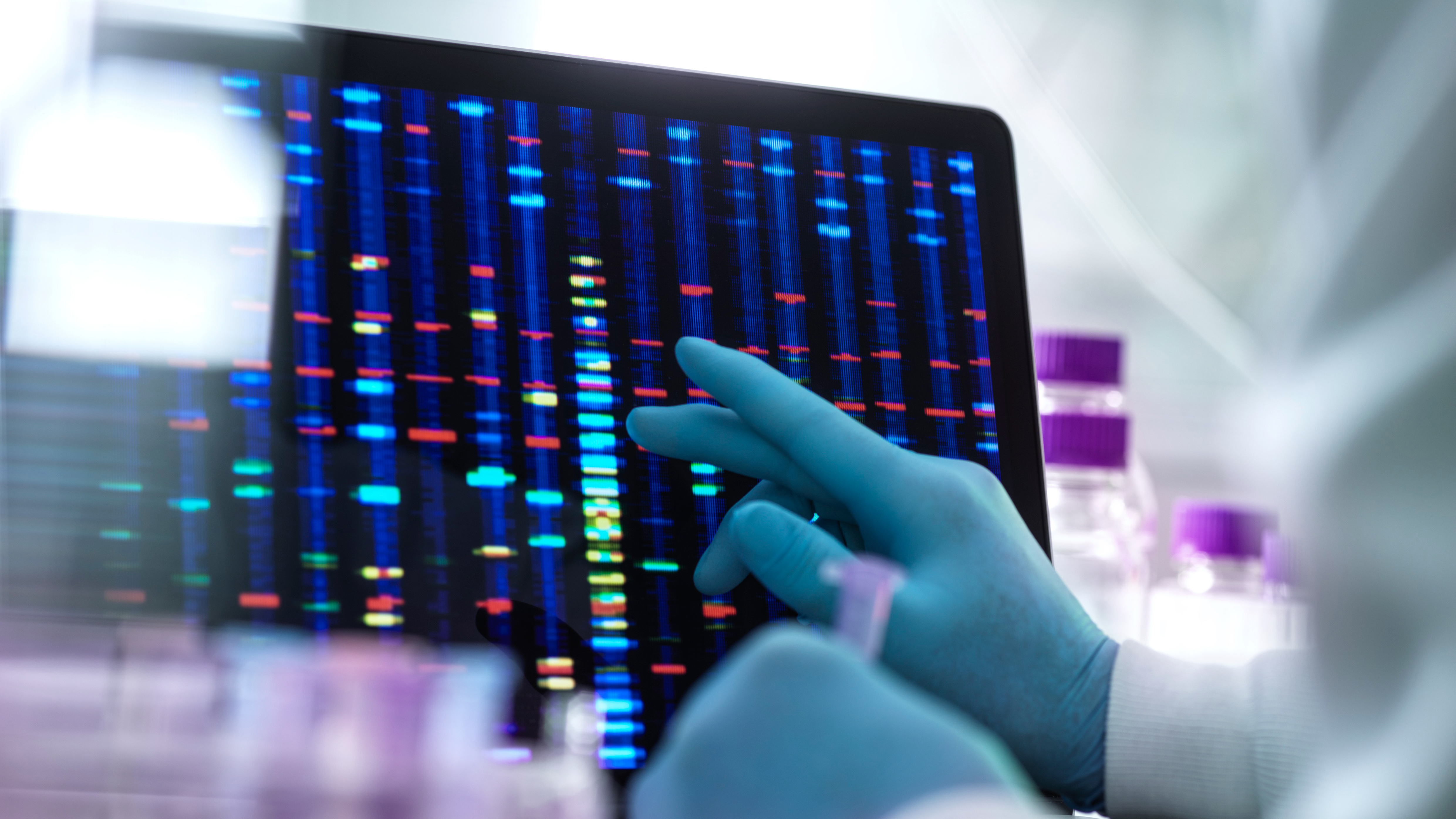 Scientist examining DNA (deoxyribonucleic acid) results on a screen during an experiment in the laboratory