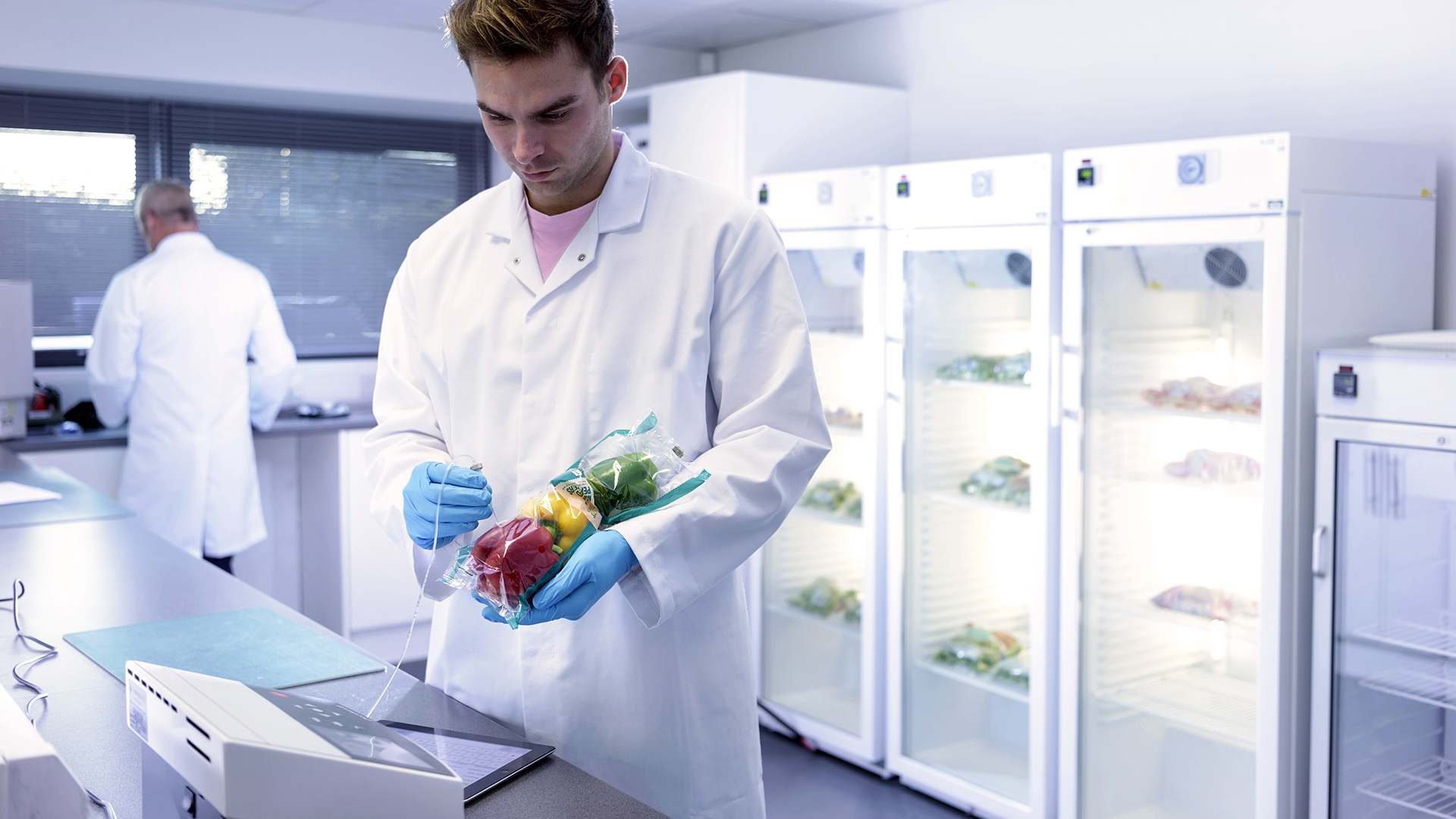 cientist inspecting food for freshness in laboratory in food packaging printing factory