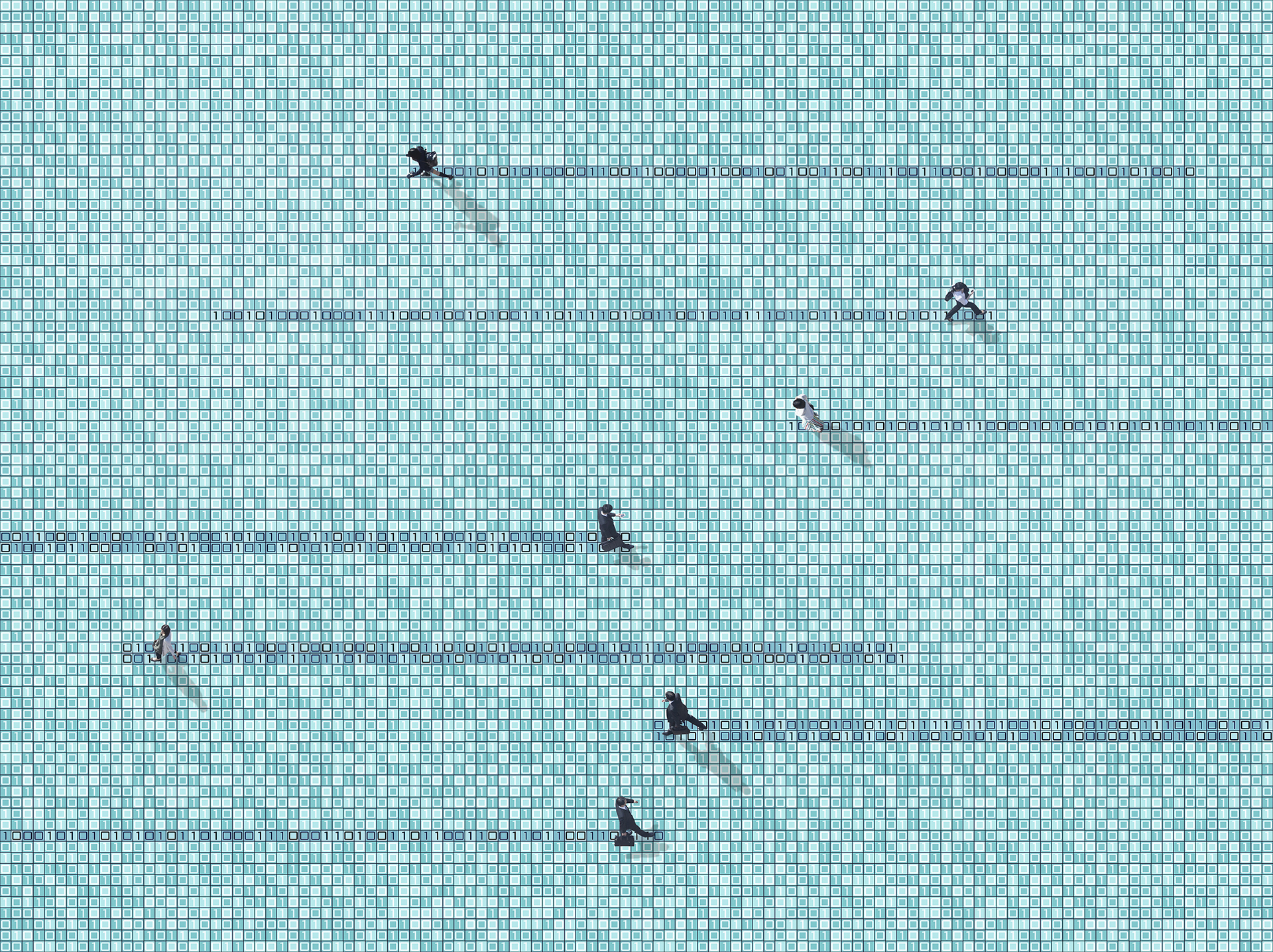 Business people walking in pathways through tiles made of binary numbers 1 and 0 zeroes denoting cyberspace and information technology