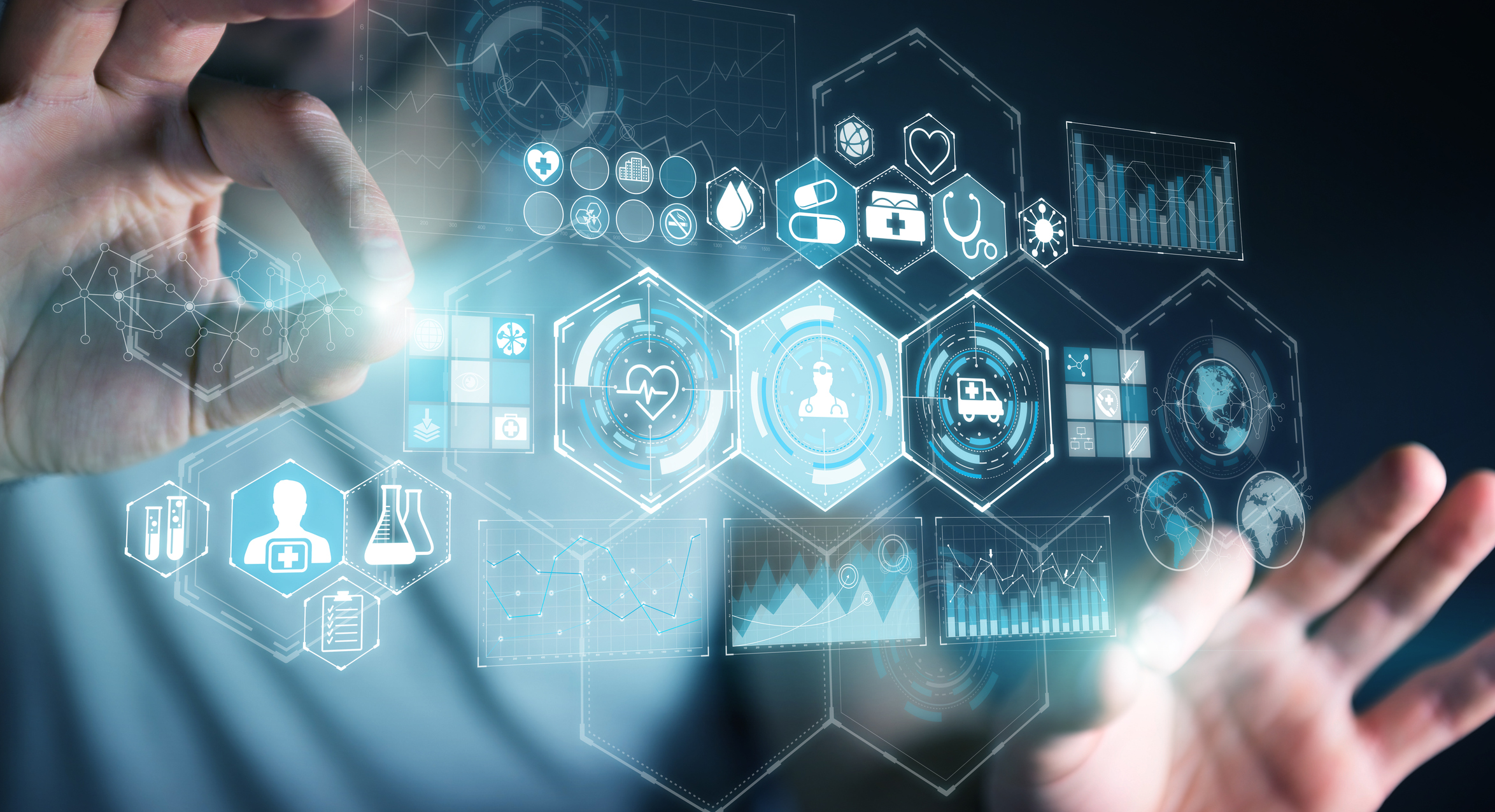 Businessman on blurred background using digital medical interface 3D rendering stock photo