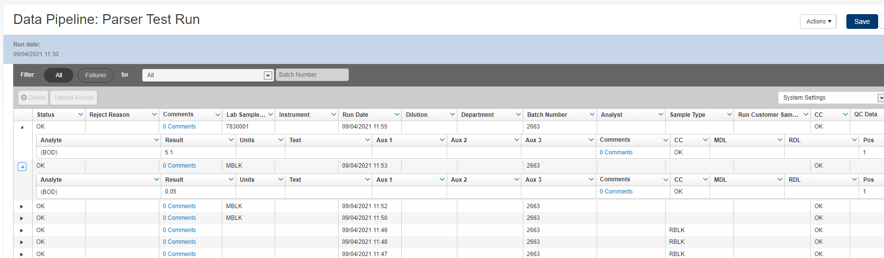 Final data processed into LIMS from a Skalar BOD Instrument