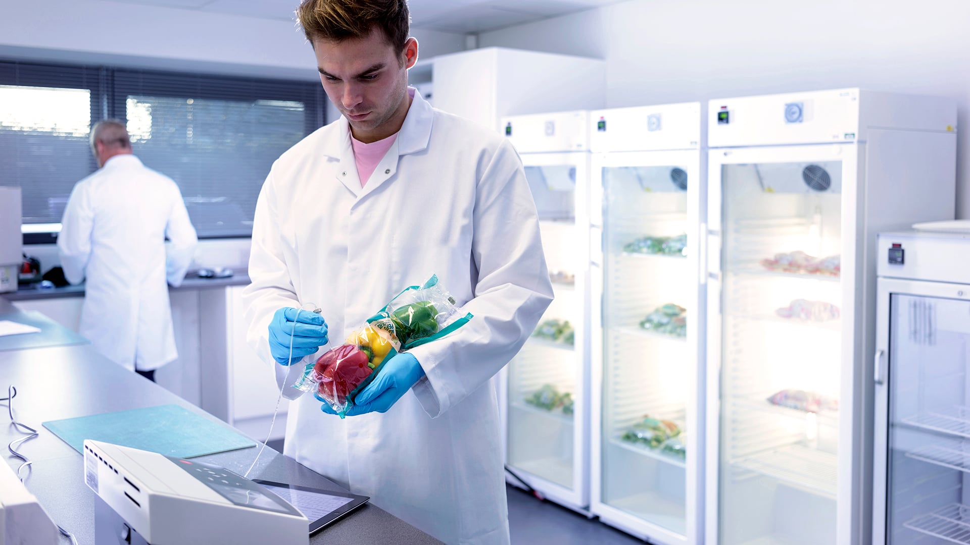 cientist inspecting food for freshness in laboratory in food packaging printing factory