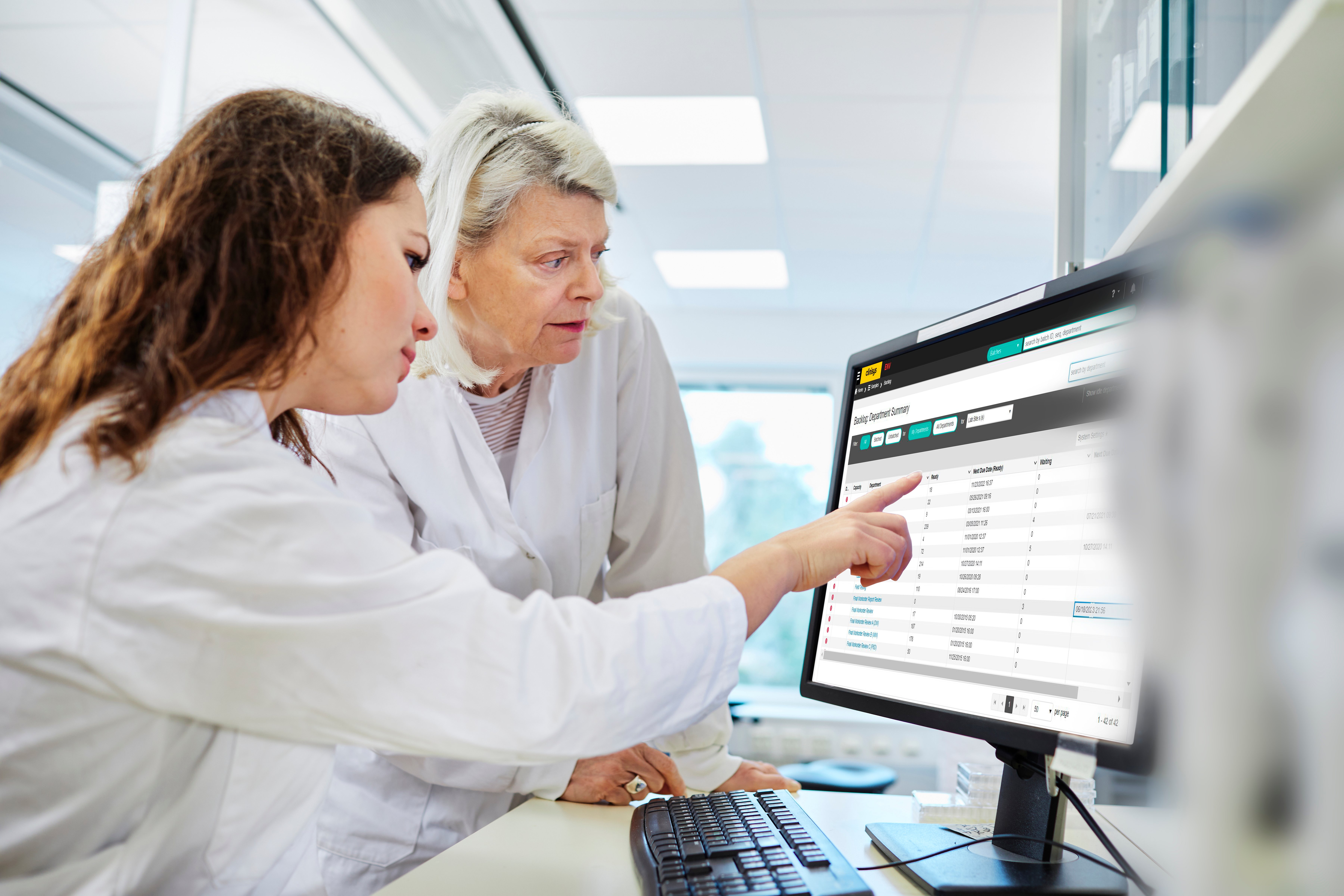 Women analyzing chart on computer screen